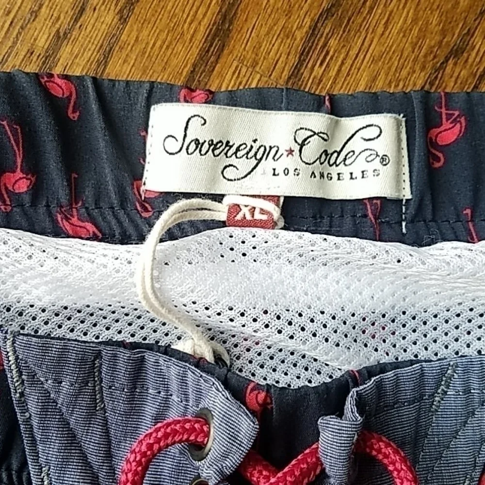 Swim Pink Flamingo Cargo Denim Pocket Blue Trunks Sz.XL